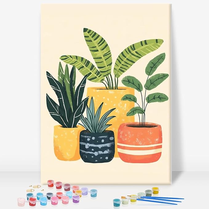 GEEHEIY Framed Paint by Numbers Kit for Adults, Potted Plants, 8 x 12 Inch | DIY Adult Paint by Number Kit for Beginners, Botanical Wall Decor, Stress Relief Craft Gift, Creative Hobby
