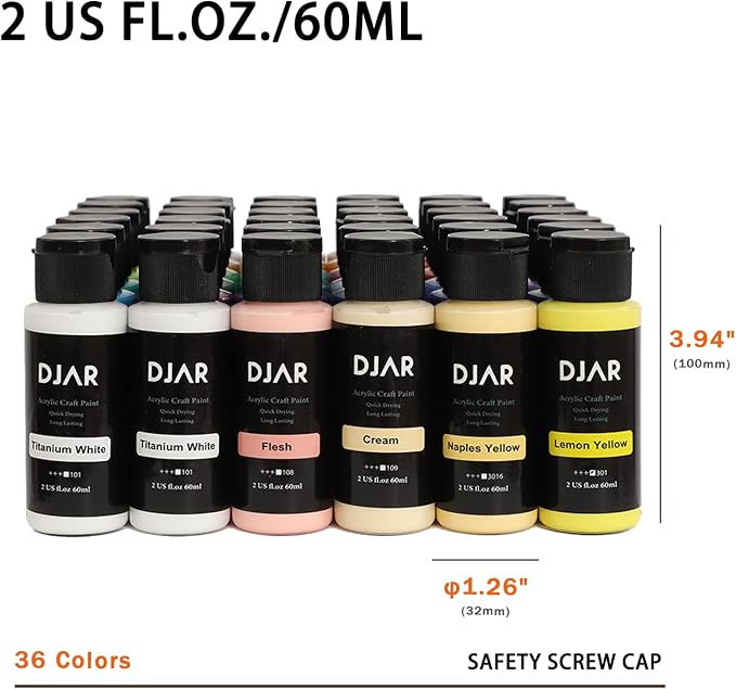DJAR 36 Colors Acrylic Paint Set for Artists Beginners, 2 fl oz/60ml | Rich Pigments Colors Painting Supplies, Waterproof & Fast Dry, Works on Canvas, Rocks, Wood, Ceramic & Fabric, Safe Non-Toxic