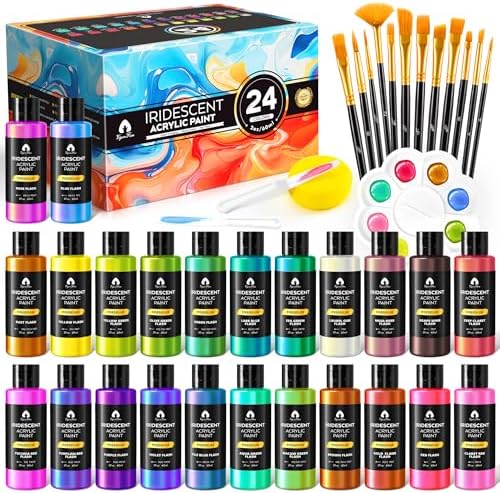 40 Pcs Iridescent Acrylic Paint Set, 24 Colors with 12 Brushes (2oz/60ml)