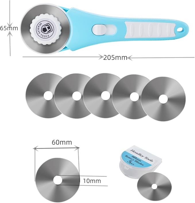 60mm Rotary Cutter with 5pcs Extra Blades, Bearing Design Rolling Cutter with Safety Lock for Fabric, Leather, Crafting, Sewing, Quilting, Fabric Rotary Cutter Perfect for Left & Right Hand (Blue)
