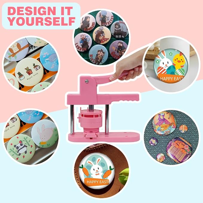 Happizza Button Maker Machine Multiple Sizes, Pin Maker Machine 1+2.25 inch, Badge Button Press Machine with Cute Stickers and 200 Sets Button Making Supplies&Circle Cutter for Girls Women(Pink)