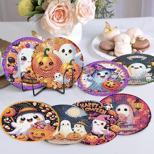 NEGEKFKX 8 Pcs Halloween Horror Ghost Diamond Art Painting Coasters Kits