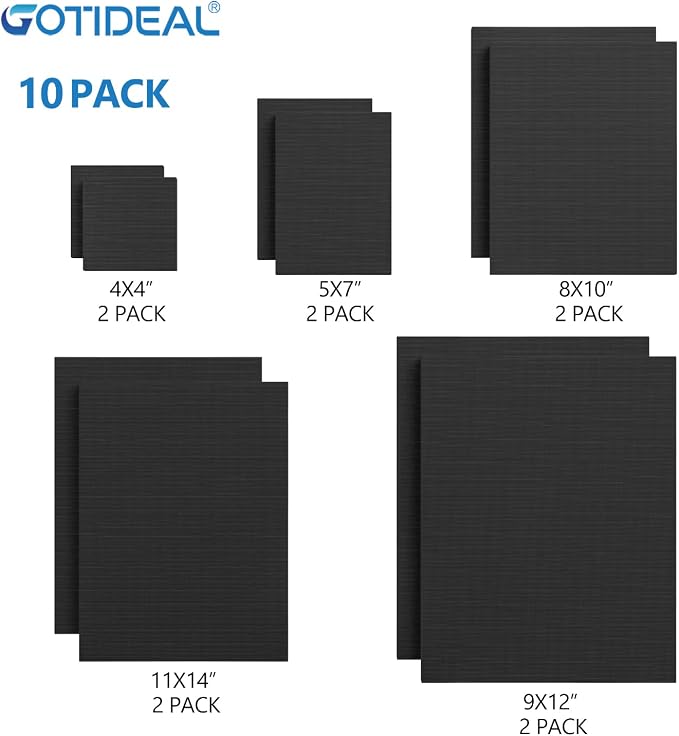 GOTIDEAL 10Pcs Black Canvases, Multi Pack 4x4, 5x7, 8x10, 9x12, 11x14 | Stretched Canvases, Set of 10, Primed 100% Cotton, Artist Blank Canvas Boards for Painting, Acrylic Pouring, Oil Paint Art