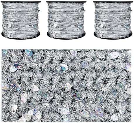 Artisanal Yarn Collection Multifiber Multicolored Fancy Yarn with Laser Sequins for Knitting Crocheting Crafts DIY, Set of 3 Rolls (Laser Silver)