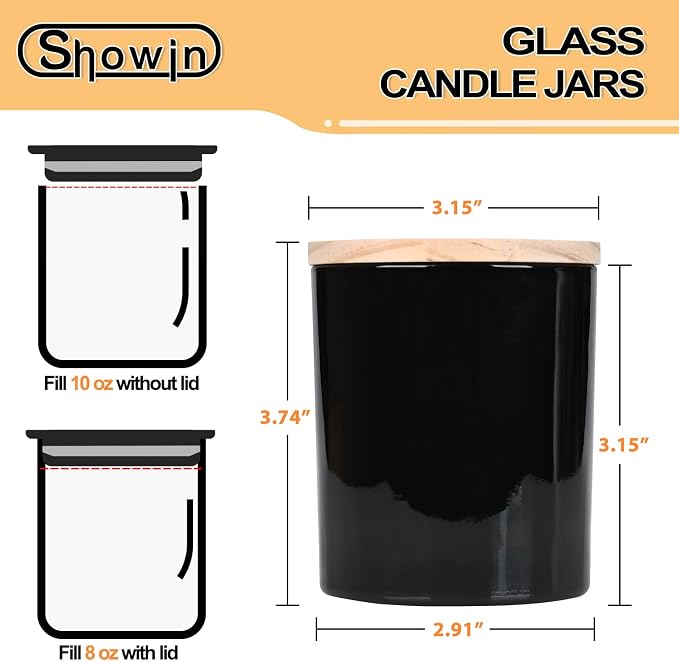 SHOWIN 10 OZ Thick Candle Jars for Making Candles 15 Pcs, Empty Jars with Wood Lids for Candle Making, Sample Container, Glossy Black
