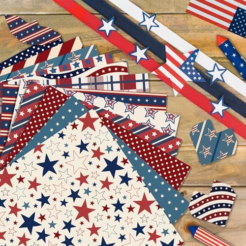 Retro Patriotic Scrapbook Paper Blue Star Patterned Papers Pad 11.8×11.8,24 Sheets Double-Sided Scrapbooking CardStock Paper for 4th of July Card Making Veteran's Day Cardmaking DIY Origami Papers.