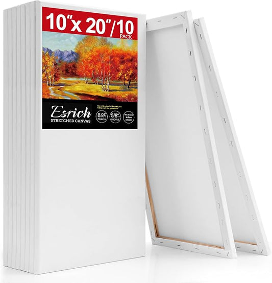 ESRICH Long Canvas for Painting 10x20 Inch, 10Pack Stretched Canvas for Painting, Primed Acid-Free Cotton Rectangular Blank Canvases, Art Paint Canvases for Oil,Watercolor,Acrylic Paint,Gouache