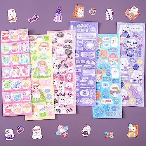 HINZIC 60 Sheets Heart Kpop Stickers for Photocards Kawaii Rabbit Bear Korean Deco Stickers Self Adhesive Card Valentines Stickers for Scrapbooking Arts Craft Gift Teens