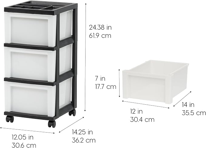 IRIS USA 3-Drawer Rolling Storage Cart, Black/Pearl