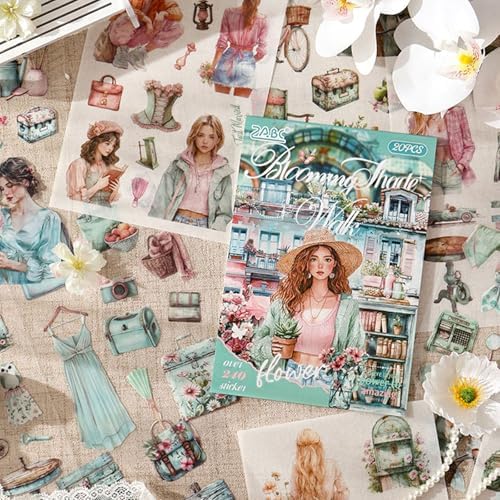 Floral Shade Stroll Sticker Scrapbooking Supplies for Junk Journal, 20 Sheets PET Stickers - Vintage Journaling Stickers