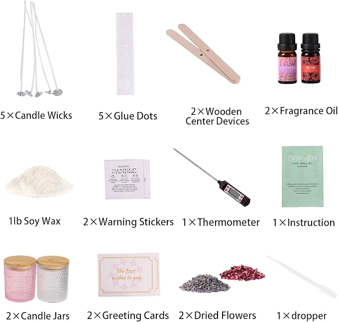 DARJEN Candle Making Kit for Beginners, 2 Jars Soy Wax Scented DIY Set | 100% Soy Wax, 10oz Glass Jars, Natural Cotton Wicks, Pleasant Scents, Instruction& More- Perfect as Home Decorations