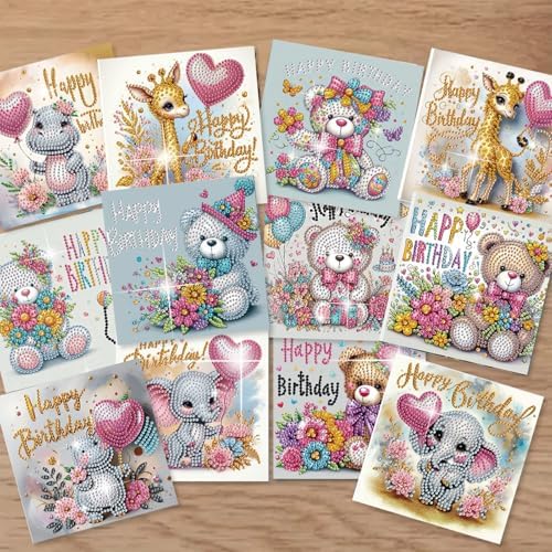 Diamond Art Painting Birthday Cards 12 Pack Cute Animal DIY Craft