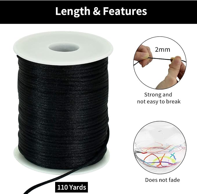 TONIFUL Nylon String Satin Cord for Necklace Bracelet Beading 2mm Black | 110yd Non elastic durable non fading, for Jewelry Making Thread Rattail Macrame Trim Kumihimo Chinese Knot Craft Tags Hanging
