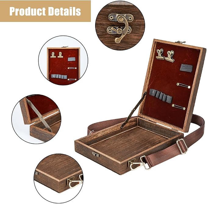 SUPERFINDINGS Writers Messenger Wood Box Tabletop Easel Box Painting Brush Tool Storage Cage Portable Storage Easel Box with Band for Outdoor Painting Drawing Sketching Writing