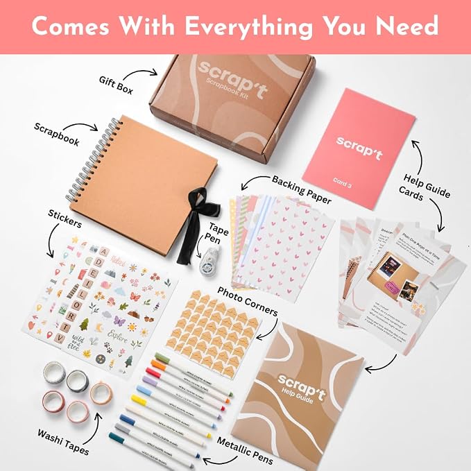 Scrapbook Kit - 80 Page Photo Album DIY Scrapbook - Holds 300+ Photos, with Metallic Pens, 150+ Stickers, Glue Pen, Washi Tapes, Backing Paper, Photo Corner Stickers (Starter Kit - 8 x 8 Inch, Kraft)
