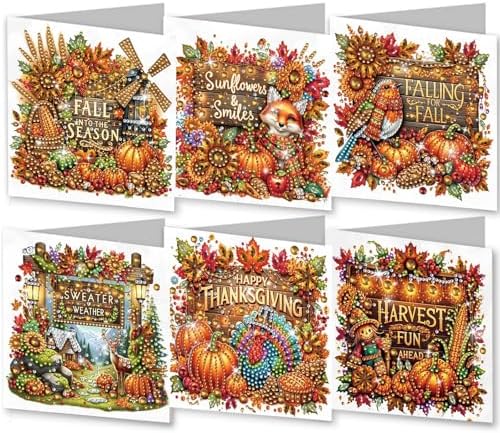 6Pcs Christmas Greeting Card DIY Diamond Art Painting Greeting Cards Blessing Folding Card Kit with White Envelopes Diamond Arts Crafts for Birthday Festival Gift-Pumpkin Text