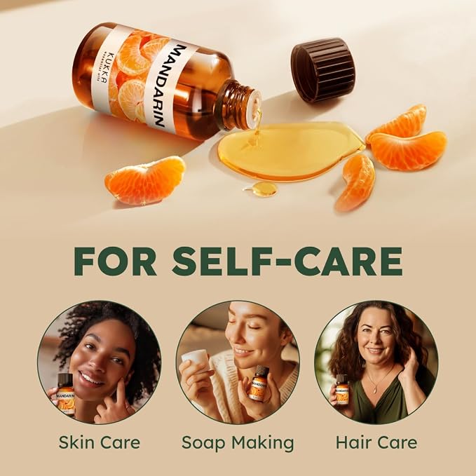 Kukka 100% Pure Mandarin Essential Oil for Skin, Diffuser, 0.34 Fl Oz | Undiluted Mandarin Oil for Calming Diffuser Blends, Hair Care, Skin Care & DIY Soap Making
