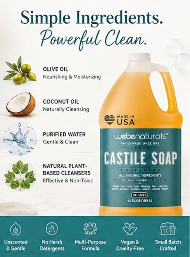 WEBE Naturals Pure Unscented Castile Soap Refill, 64 Oz | Face, Body Wash, Dishes, Pets & Laundry