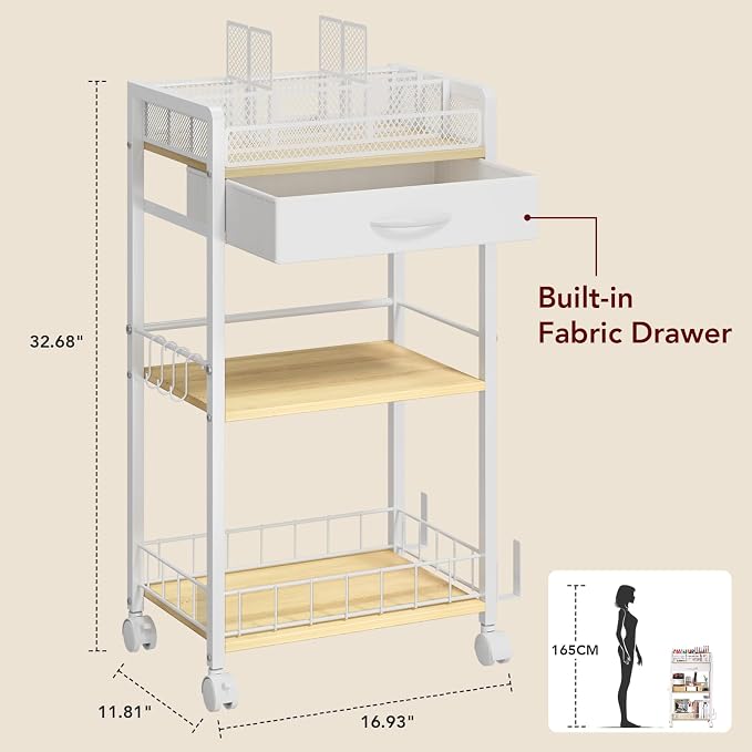 Homsorout 3 Tier Rolling Cart - Metal Utility Cart with Storage Drawer and Wheels, Versatile Art & Craft Organizer for Home, Office, or Studio Ideal for Storing Brushes, Paints, and Supplies White
