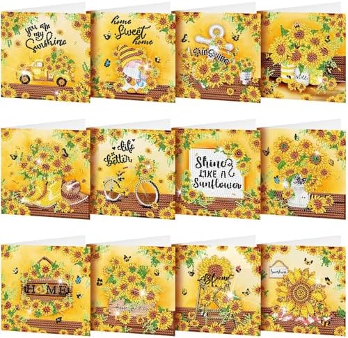 Saillong 12 Pack Sunflower Diamond Painting Greeting Card Kits DIY Diamond Art Cards with Envelopes Summer Flowers Gnome 5D Rhinestones Painting Card for Adults DIY Crafts Family Friend Birthday Gifts