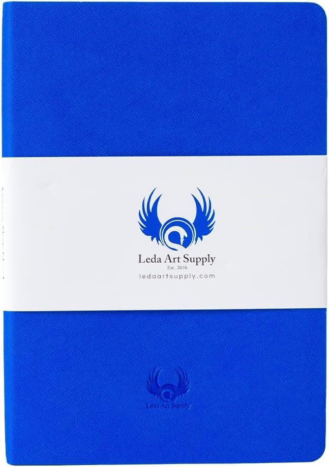 Leda Art Lay-Flat Sketchbook for Drawing, Artist A5, 160 Pages, Blue | Smooth cream paper takes pencil, ink, charcoal, light watercolor,thread-sewn binding,elastic strap,back pocket (5.8 x 8.3 in)