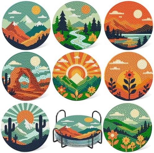 8 Pcs Landscape Diamond Art Coasters Kits, Diamond Painting Coasters