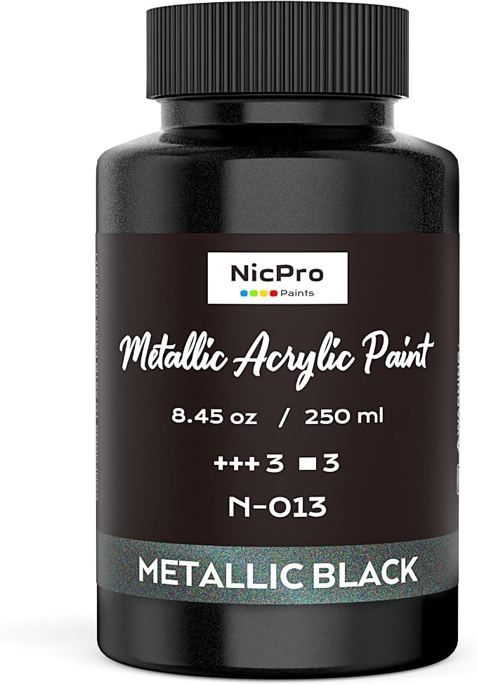 Nicpro Metallic Black Acrylic Paint, 8.45oz/250ml Large Black Craft Paint | Pearlescent Non Toxic, Non Fading Paints for Metal, Wood, Clay, Fabric, Canvas, Ceramic, Furniture, Handcrafts Art Supplies