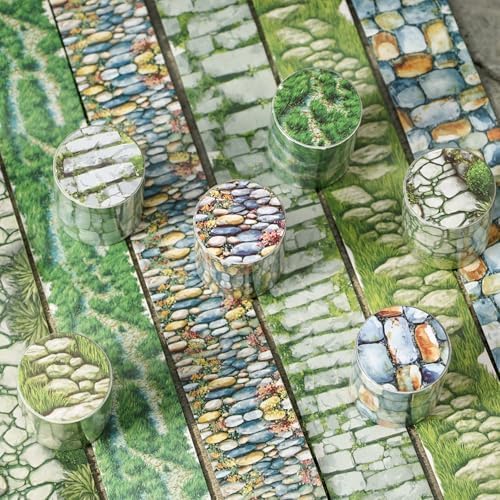 Washi Tape Set,6 Rolls Vintage Stone Road Decorative Masking Tape,Self Adhesive Landscape Border Tape Stickers for Junk Journal,Journaling,Scrapbooking,DIY Craft(Stone Path)