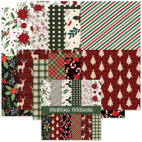 Vintage Christmas Scrapbook Paper Christmas Patterned Paper 12×12 - 24 Sheets Double-Sided Red Green Decorative Craft Journaling Papers for Holiday Cardmaking DIY Origami Craft Papers