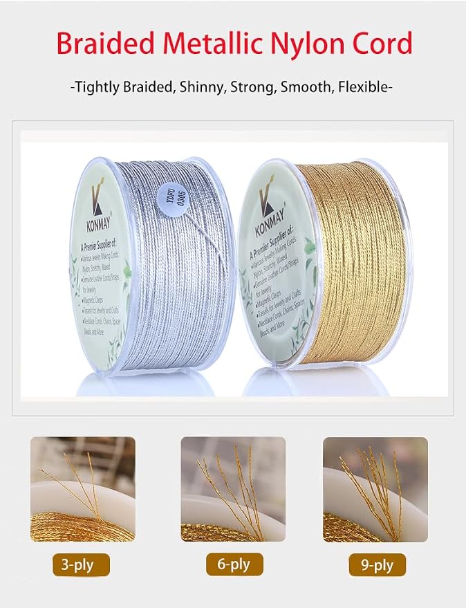 KONMAY 0.5mm Tinsel Embroidery Thread with Case, 163 Yards Metallic Silver Twine String for Jewelry Making, Embroidery, Crafting, Decoration, Gift Wrapping, and Christmas Ornaments