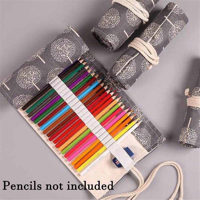 DIYOMR 24/36/72 Slots Pencil Wrap Pencil Rolls, Artist Colored Pencils Roll Up Bag Short Brushes Pouch Case Pencils Organizer for Drawing Coloring and Sketching,No Pencils (Trees, 36slots)