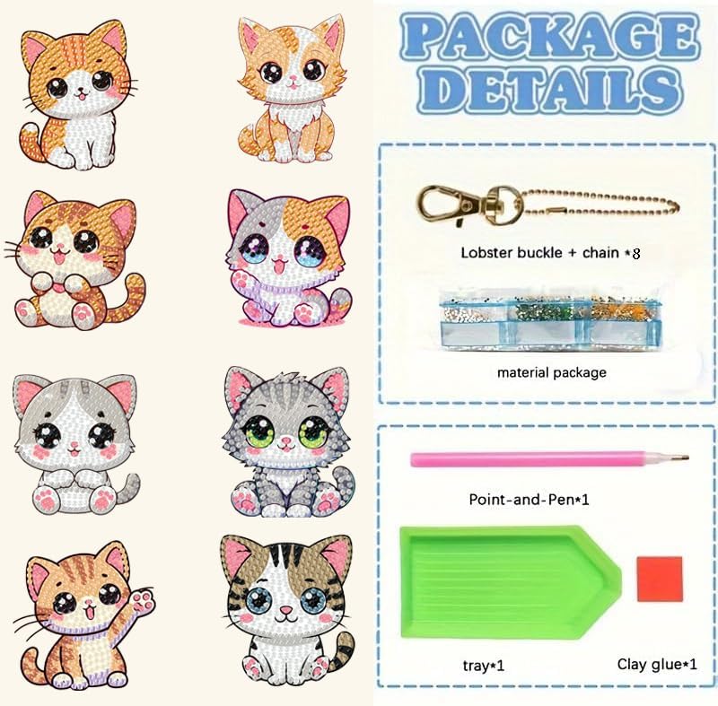 Masendp 8 Pieces Diamond Painting Keychain Animal Diamond Art Jewelry Double-Sided 5D Diamond Painting Kit for Beginners Adult DIY Art Craft Gift Home Decor (Cat)