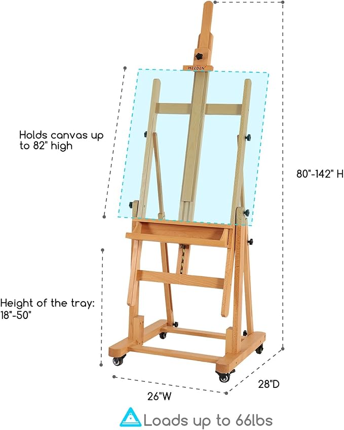 MEEDEN Extra Large Heavy-Duty H-Frame Studio Easel - Solid Beech Wooden Artist Professional Easel, Painting Art Easel Stand with 4 Premium Locking Silent Caster Wheels, Hold Max 82"