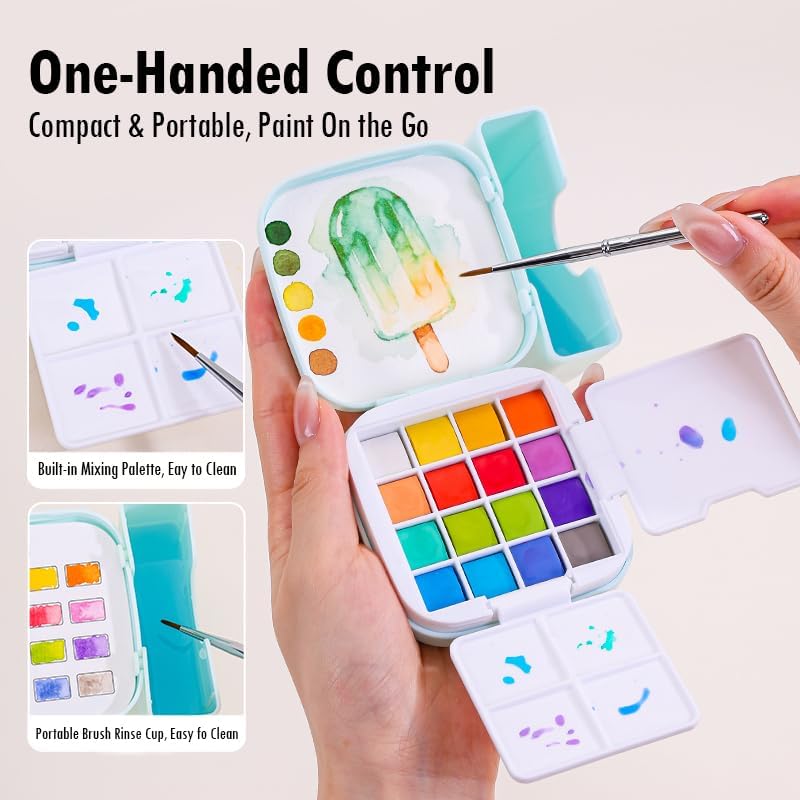 Mini Watercolor Paint Set, Compact Travel Art Kit with 16 Colors