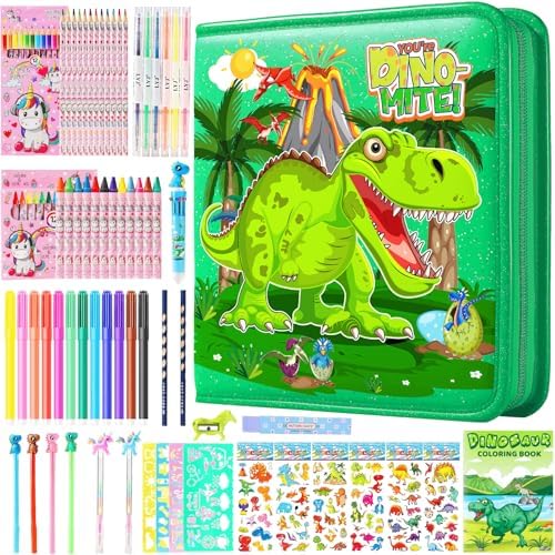 DOKKIA Fruit Scented Coloring Pens Markers Set 65 PCS Art Craft Drawing Case - Washable Kits Pencil,Gel Pen,Crayon&Coloring Book Supplies Dinosaur Dino Green