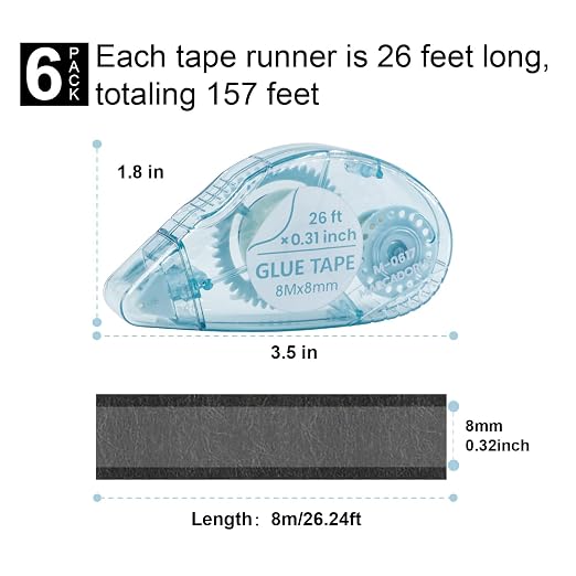 MARCADORUS Double Sided Tape Roller, Scrapbook Tape Runner, 156 Ft Total | 6-Pack_26Ft x 0.31In Glue Tape Roller, Adhesive for Photos, Journaling, Card Making, Paper Crafts & Scrapbooking Supplies
