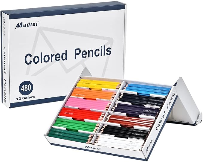 Madisi Colored Pencils Bulk, 480 Pack, 12 Assorted Colors, Pre-Sharpened | Classroom Color Pencils for Kids Coloring, Large Box of Class Supplies Set