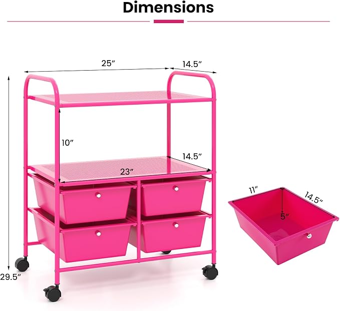 Giantex Rolling Storage Cart w/ 4 Drawers 2 Shelves Metal Rack Shelf Home Office School Beauty Salon Utility Organizer Cart with Wheels, Hot Pink