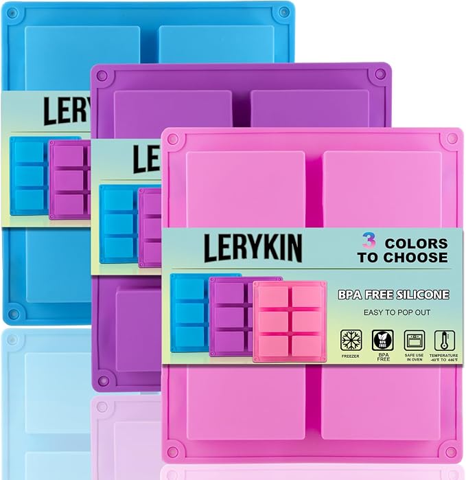 LERYKIN 3 Pack Silicone Soap Molds, 6 Cavities Rectangle Silicone Mold, Great for Homemade Craft Soap Mold, Chocolate, Cake Molds ＆ Ice Cube Tray - Just Pop Out（Pink & Blue & Purple）