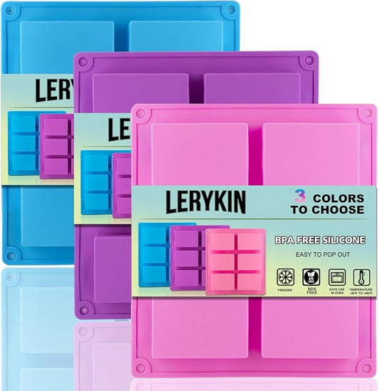 LERYKIN 3 Pack Silicone Soap Molds, 6 Cavities Rectangle Silicone Mold, Great for Homemade Craft Soap Mold, Chocolate, Cake Molds ＆ Ice Cube Tray - Just Pop Out（Pink & Blue & Purple）