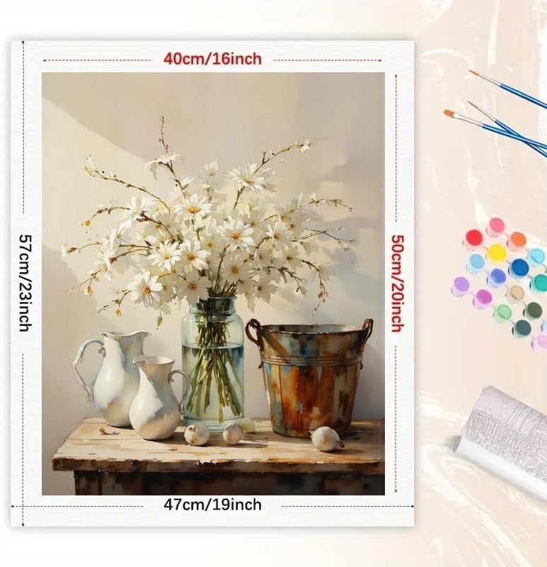 White Daisy Still Life Paint by Numbers Kit for Adults - DIY Rustic Flowers and Vintage Jug Painting on Canvas 16x20 Inches, Acrylic Paint Set, Suitable for Beginners, Floral Art for Home Decoration