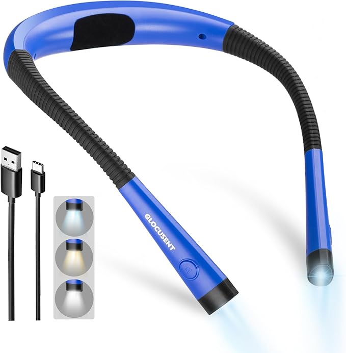 Glocusent Reading Light,Blue Neck Light,80-hr Rechargeable Book Light | 3-Color&6-Brightness, USB-C,LED Neck Reading Light,Women, Camping, Repairing,Crafting,Crochet, Christmas, Book Lovers Gifts