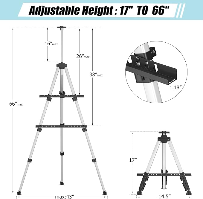 Art Painting Display Easel Stand - Silver Adjustable Floor Artist Easel | Aluminum Metal Tripod Silver Stand with Bag, Height from 17" to 66", Sturdy for Table-Top/Floor Painting, Drawing, Displaying