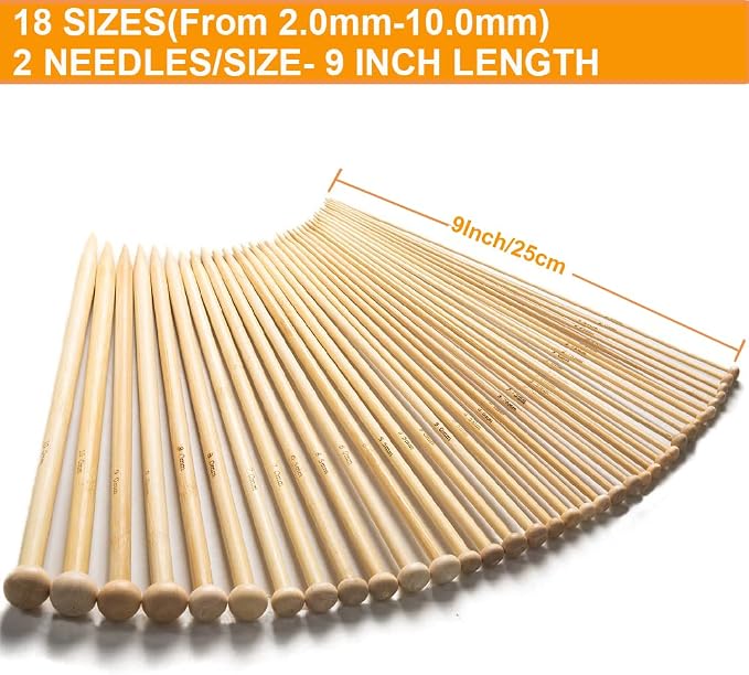 36PCS Bamboo Knitting Needles Set, BetyBedy Single Pointed Knitting Needles, 9 Inches Length Knitting Crochet Supplies for Beginners Handmade (18 Sizes from 2.0mm-10.0mm)