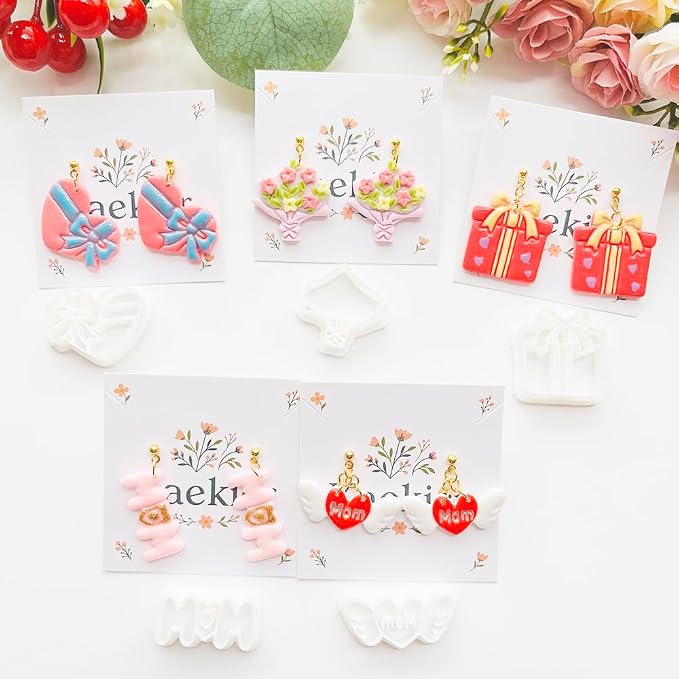 Mother’s Day Polymer Clay Cutters & Stamp Set - 12pcs Sharp & Durable Mom, Heart, Cake, Carnation & Gift Shapes for DIY Earring Jewelry Making, Soft Clay Crafts & Holiday Supplies