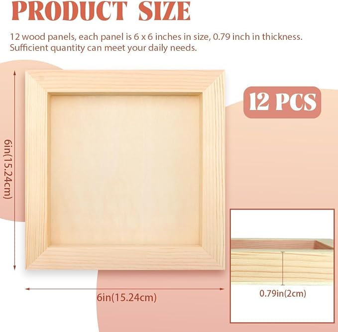 FSWCCK 12 Pack 6 x 6’’ Wooden Panel Boards, 0.79’’ Deep Unfinished Wood Canvas Panels for Crafts, Painting Canvas, DIY Art Projects, Pouring Arts