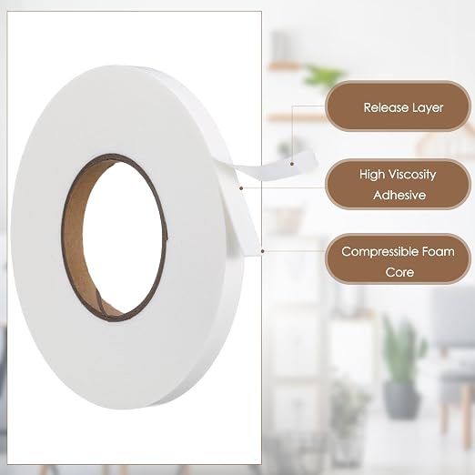 Tatuo 2 Rolls Double Sided Foam Tape for Mounting,1/2 Inch by 33 Feet,White