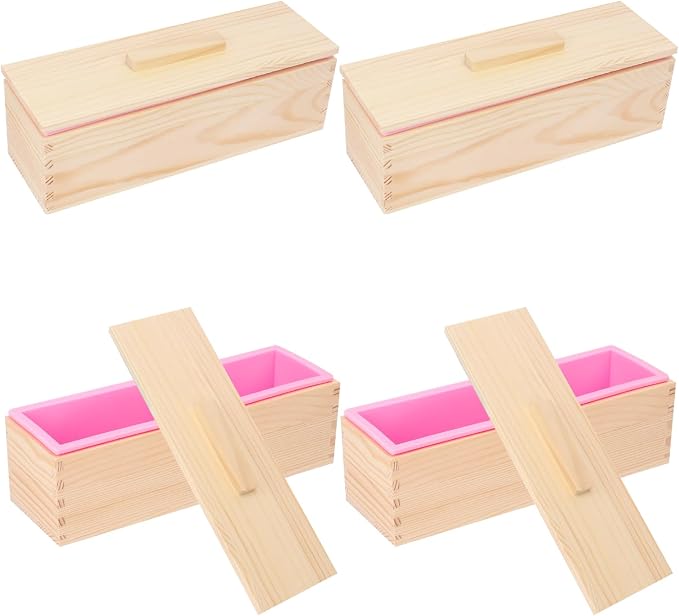 Artisan Soap Loaf Wood Box with 4 Pink Silicone Molds - 42oz, Flexible & Heat Resistant