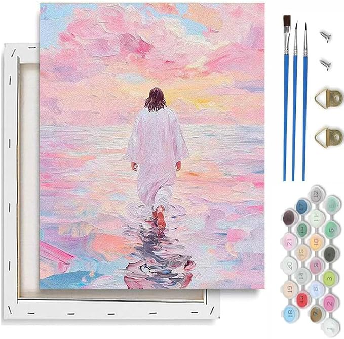 VIGEGU Beach Paint by Numbers Kit for Adults Beginner with Framed | Jesus Easy Adult Paint by Number Kits on Canvas DIY Painting for Beginners Art by Numbers for Home Wall Decor 10x12 Inch