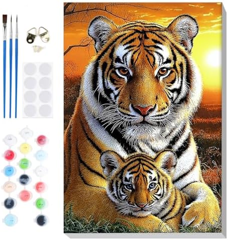 Bowetile Framed Paint by Numbers Tiger for Adults Beginners, Adults' Paint-by-Number Tiger Kits, Easy Adult Paint by Number Kits on Canvas, Acrylic Animals Number Painting for Home Decor, 8x12in